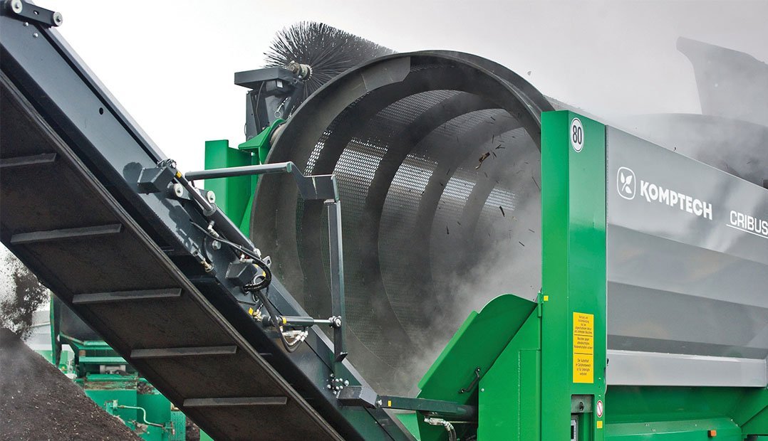 Rear view of the Cribus trommel screen processing organics.